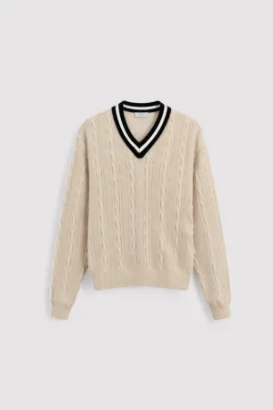 Ancien | Women's Old Money Contrast Trim V Neck Elegant Cable Knit Long Sleeve Sweater