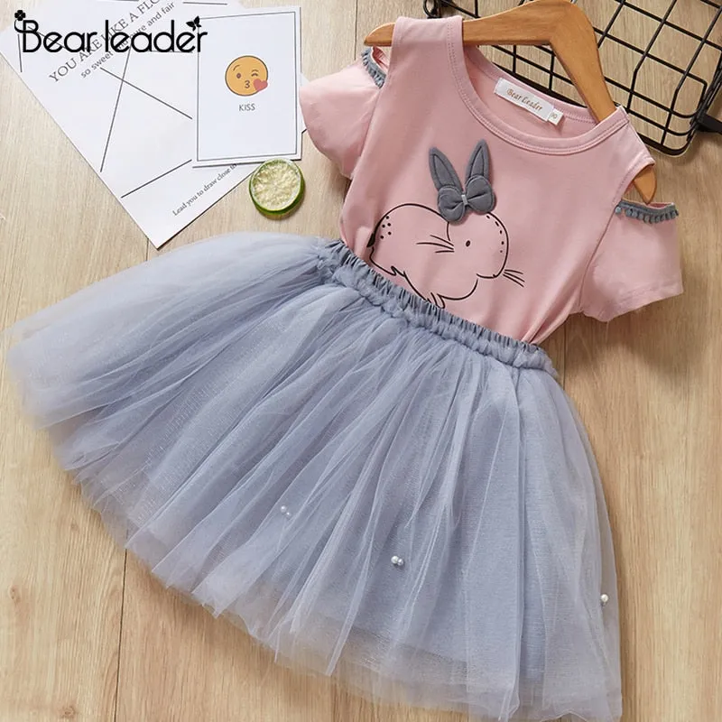 Bear Leader Girls Clothing Sets New Summer Fashion Style Cartoon Rabbit  Printed T-Shirts Pink Dress 2Pcs Girls Clothes Sets