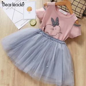 Bear Leader Girls Clothing Sets New Summer Fashion Style Cartoon Rabbit  Printed T-Shirts Pink Dress 2Pcs Girls Clothes Sets