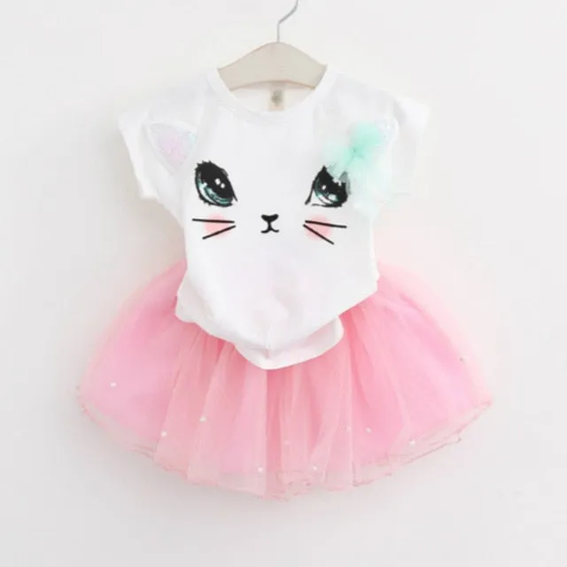 Bear Leader Girls Clothing Sets New Summer Fashion Style Cartoon Rabbit  Printed T-Shirts Pink Dress 2Pcs Girls Clothes Sets