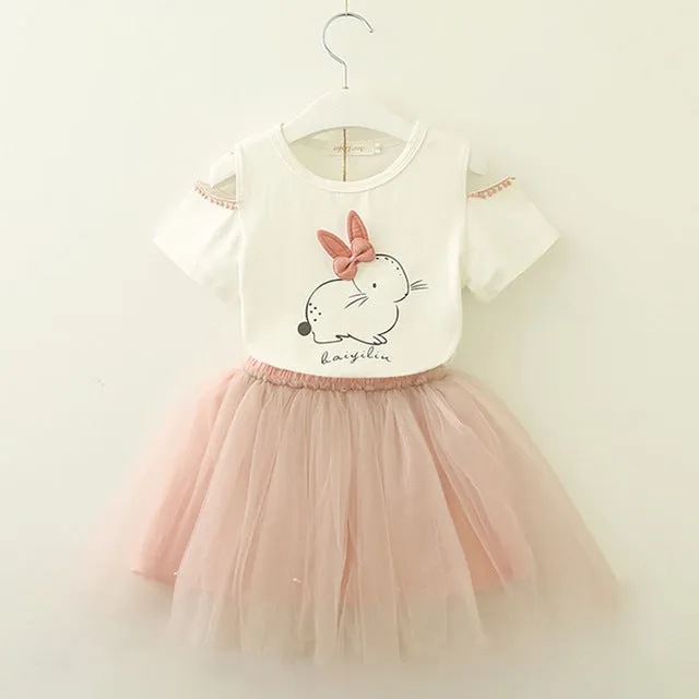 Bear Leader Girls Clothing Sets New Summer Fashion Style Cartoon Rabbit  Printed T-Shirts Pink Dress 2Pcs Girls Clothes Sets