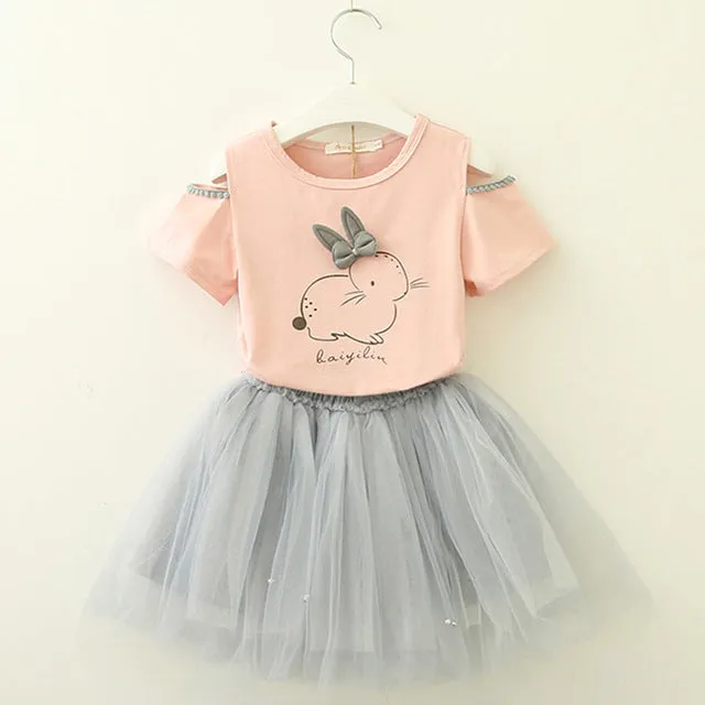 Bear Leader Girls Clothing Sets New Summer Fashion Style Cartoon Rabbit  Printed T-Shirts Pink Dress 2Pcs Girls Clothes Sets