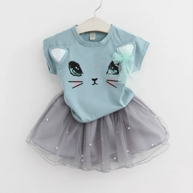 Bear Leader Girls Clothing Sets New Summer Fashion Style Cartoon Rabbit  Printed T-Shirts Pink Dress 2Pcs Girls Clothes Sets
