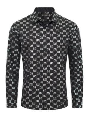 Black and White GG Men's Long Sleeve Graphic Fashion Design Casual Shirt