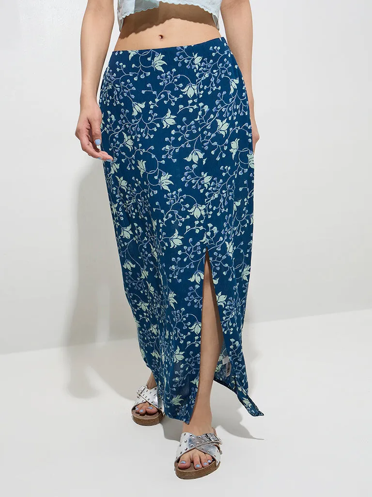 Bombay Paisley Indigo Floral Patterned Mid-Rise Skirt