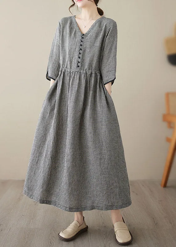 Chic V Neck Plaid Patchwork Button Linen Maxi Dresses Summer LY3959