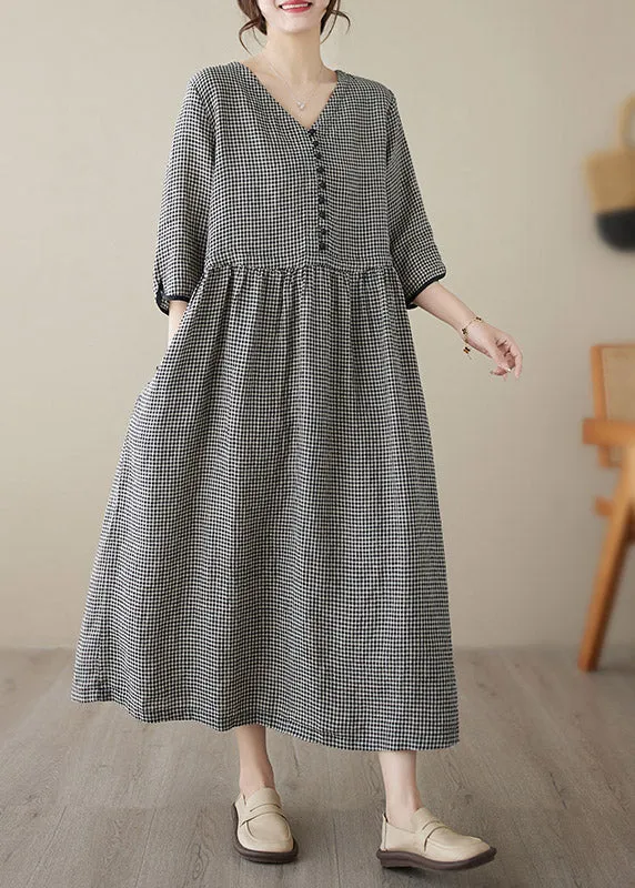 Chic V Neck Plaid Patchwork Button Linen Maxi Dresses Summer LY3959