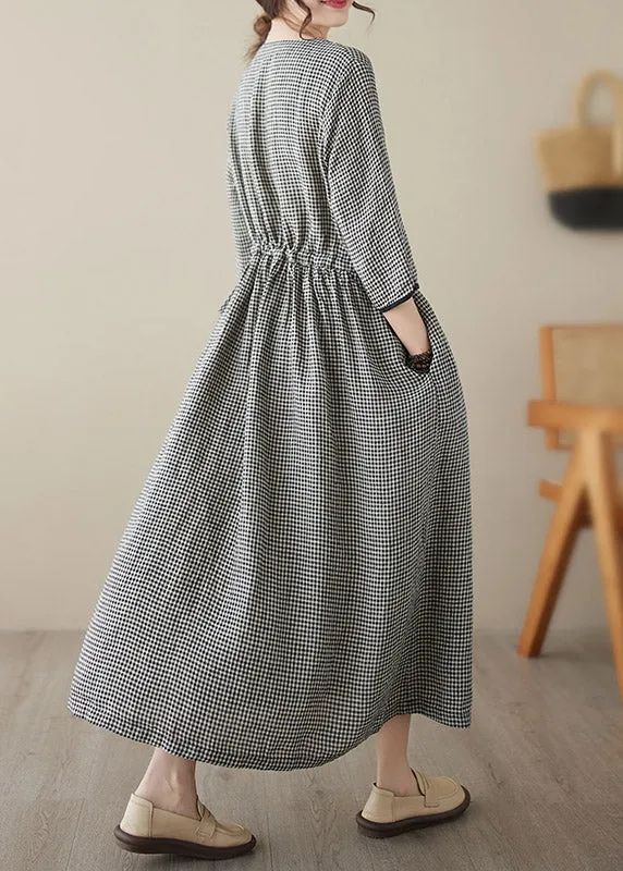 Chic V Neck Plaid Patchwork Button Linen Maxi Dresses Summer LY3959