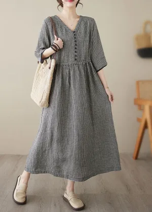 Chic V Neck Plaid Patchwork Button Linen Maxi Dresses Summer LY3959