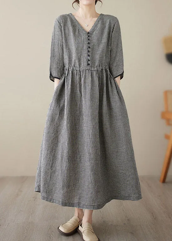 Chic V Neck Plaid Patchwork Button Linen Maxi Dresses Summer LY3959
