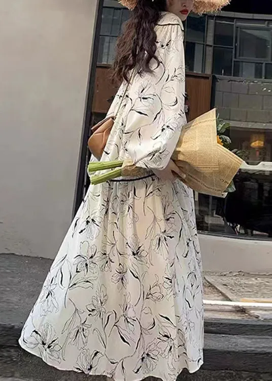Chic White V Neck Print Wrinkled Patchwork Cotton Long Dresses Fall LY9090