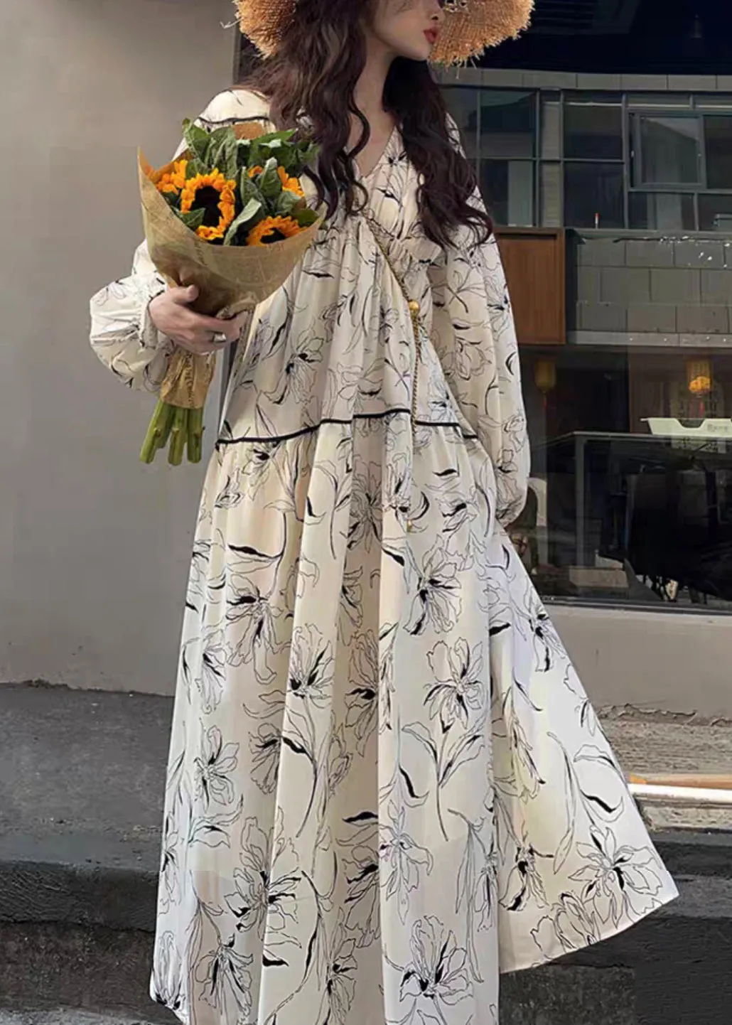 Chic White V Neck Print Wrinkled Patchwork Cotton Long Dresses Fall LY9090