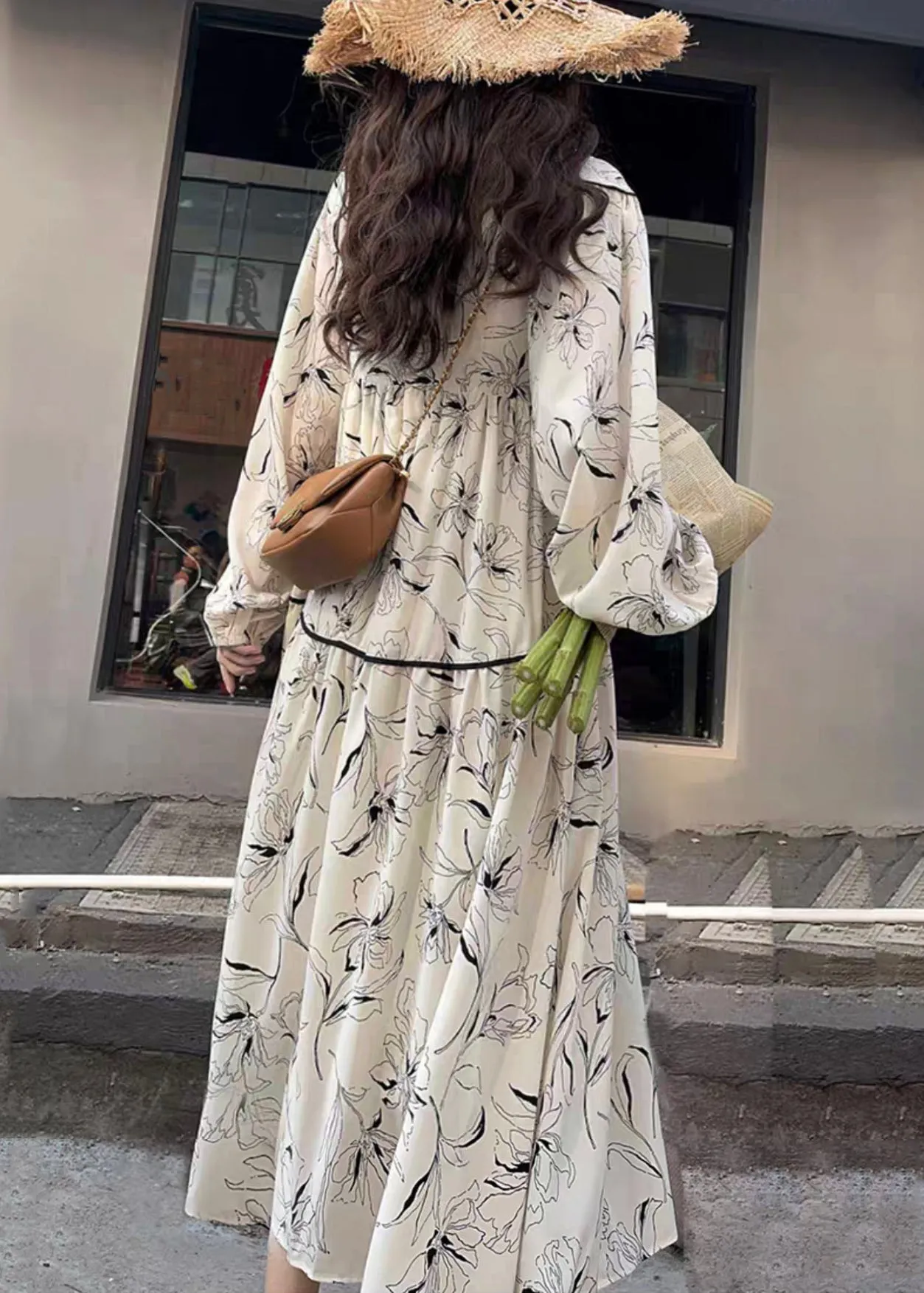 Chic White V Neck Print Wrinkled Patchwork Cotton Long Dresses Fall LY9090