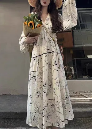 Chic White V Neck Print Wrinkled Patchwork Cotton Long Dresses Fall LY9090