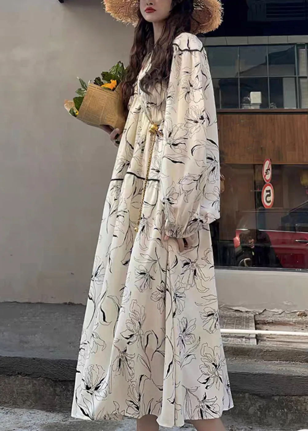 Chic White V Neck Print Wrinkled Patchwork Cotton Long Dresses Fall LY9090