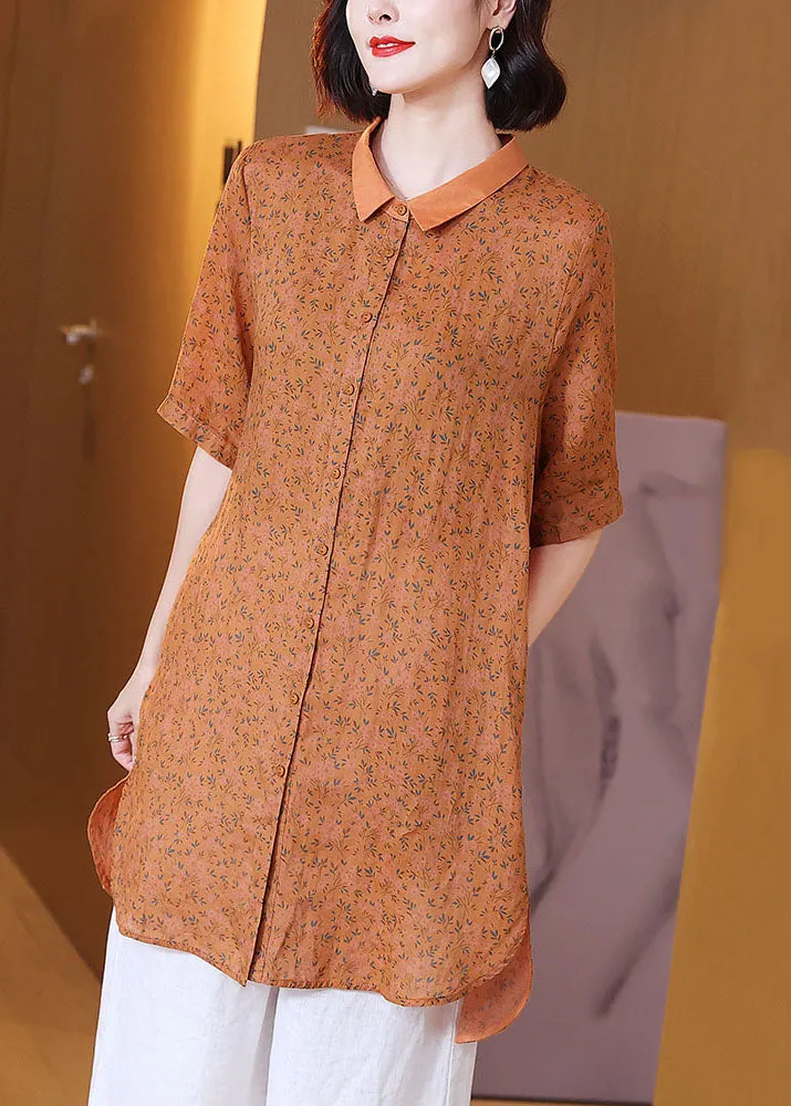 Elegant Orange Peter Pan Collar Print Patchwork Linen Shirts Top Summer TP1011