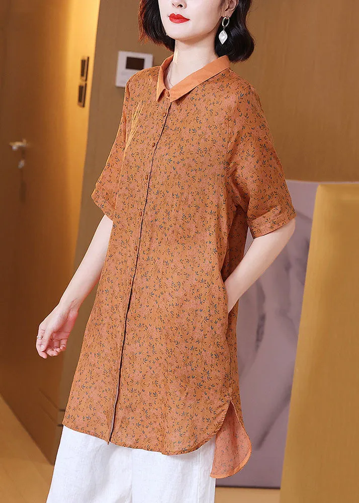 Elegant Orange Peter Pan Collar Print Patchwork Linen Shirts Top Summer TP1011
