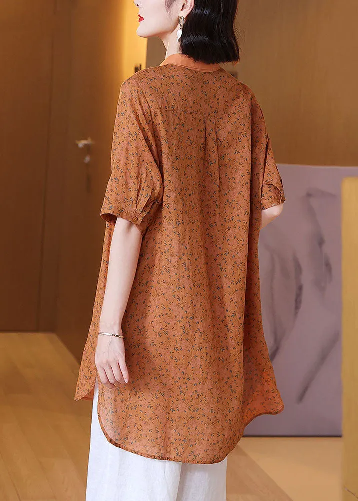 Elegant Orange Peter Pan Collar Print Patchwork Linen Shirts Top Summer TP1011