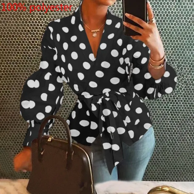 Fashion Women Blouse Elegant Lantern Sleeve Tunic Shirts Autumn Casual Belted Solid Sexy V-Neck Tops Elegant Blusas