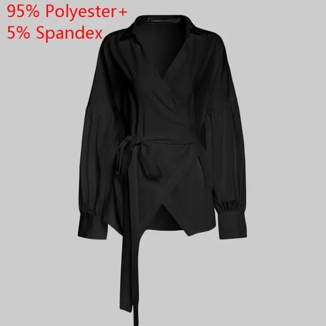 Fashion Women Blouse Elegant Lantern Sleeve Tunic Shirts Autumn Casual Belted Solid Sexy V-Neck Tops Elegant Blusas
