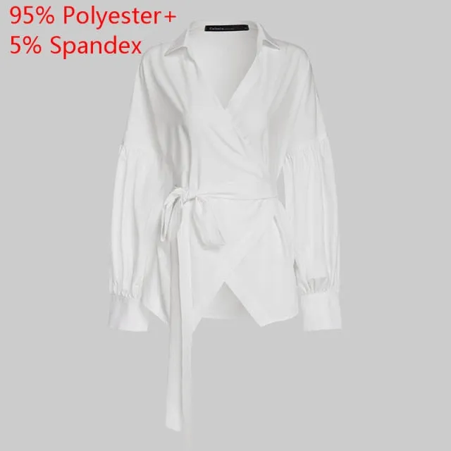 Fashion Women Blouse Elegant Lantern Sleeve Tunic Shirts Autumn Casual Belted Solid Sexy V-Neck Tops Elegant Blusas