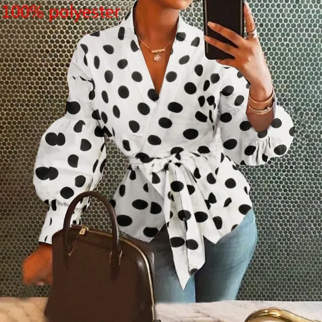 Fashion Women Blouse Elegant Lantern Sleeve Tunic Shirts Autumn Casual Belted Solid Sexy V-Neck Tops Elegant Blusas