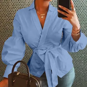 Fashion Women Blouse Elegant Lantern Sleeve Tunic Shirts Autumn Casual Belted Solid Sexy V-Neck Tops Elegant Blusas