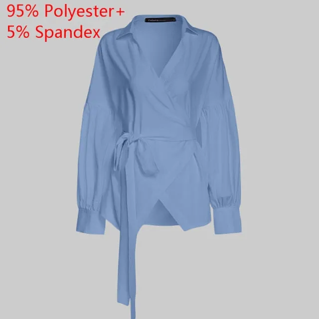 Fashion Women Blouse Elegant Lantern Sleeve Tunic Shirts Autumn Casual Belted Solid Sexy V-Neck Tops Elegant Blusas