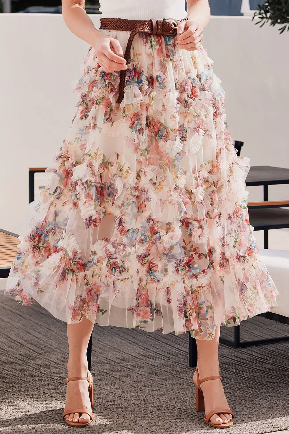 Floral Ruffled Mesh Midi Skirt
