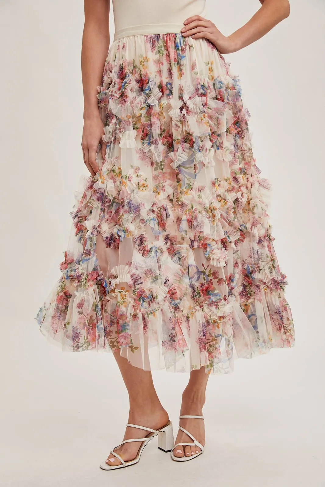 Floral Ruffled Mesh Midi Skirt