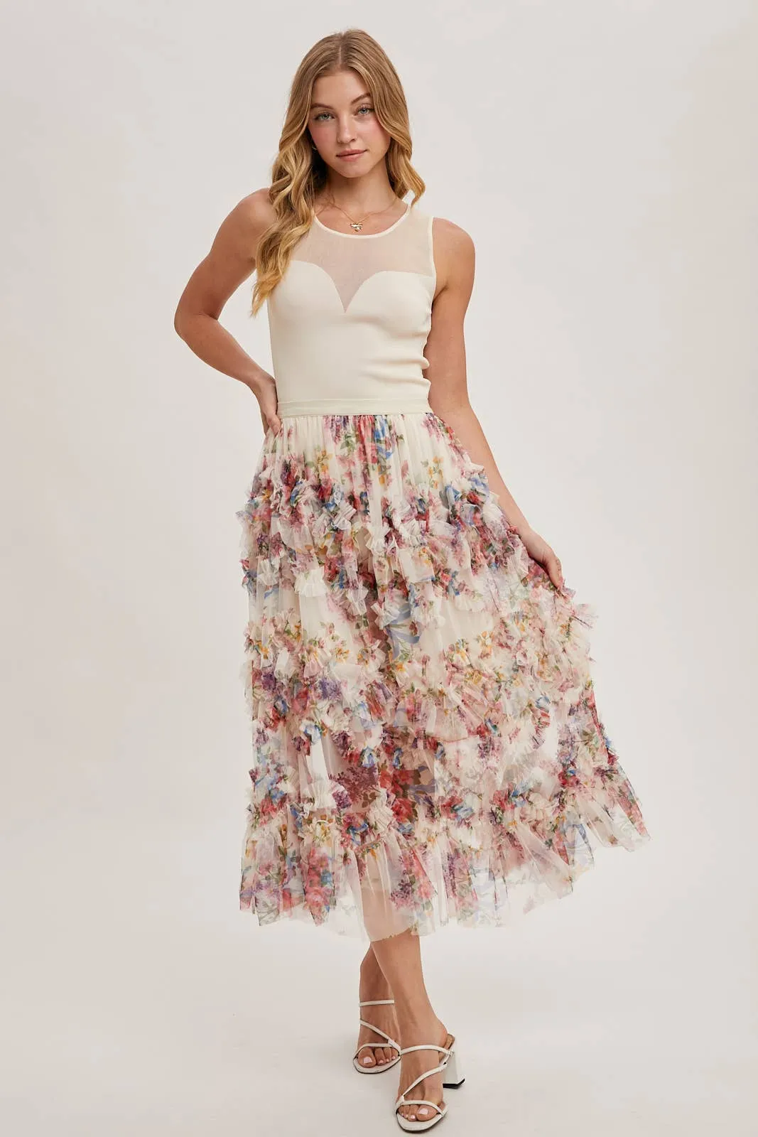 Floral Ruffled Mesh Midi Skirt
