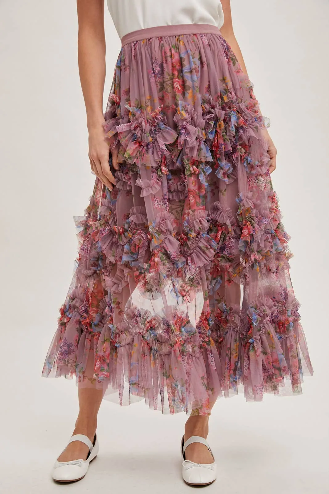 Floral Ruffled Mesh Midi Skirt