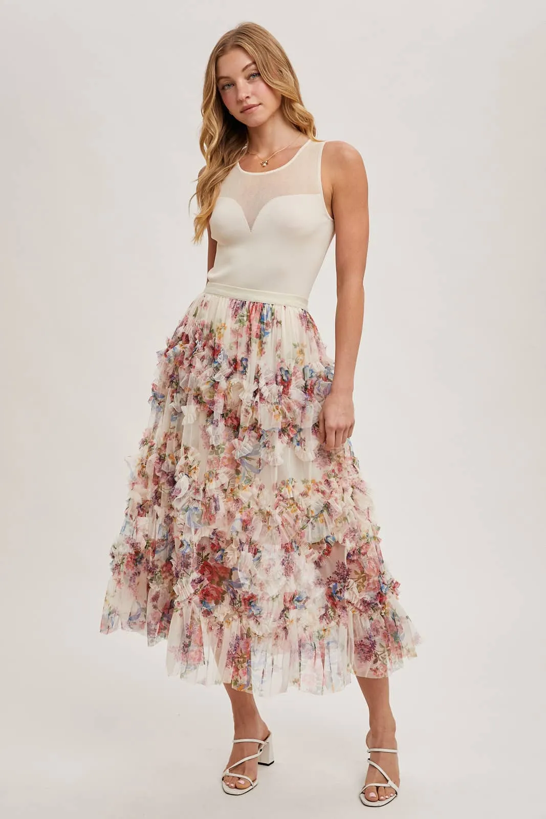 Floral Ruffled Mesh Midi Skirt