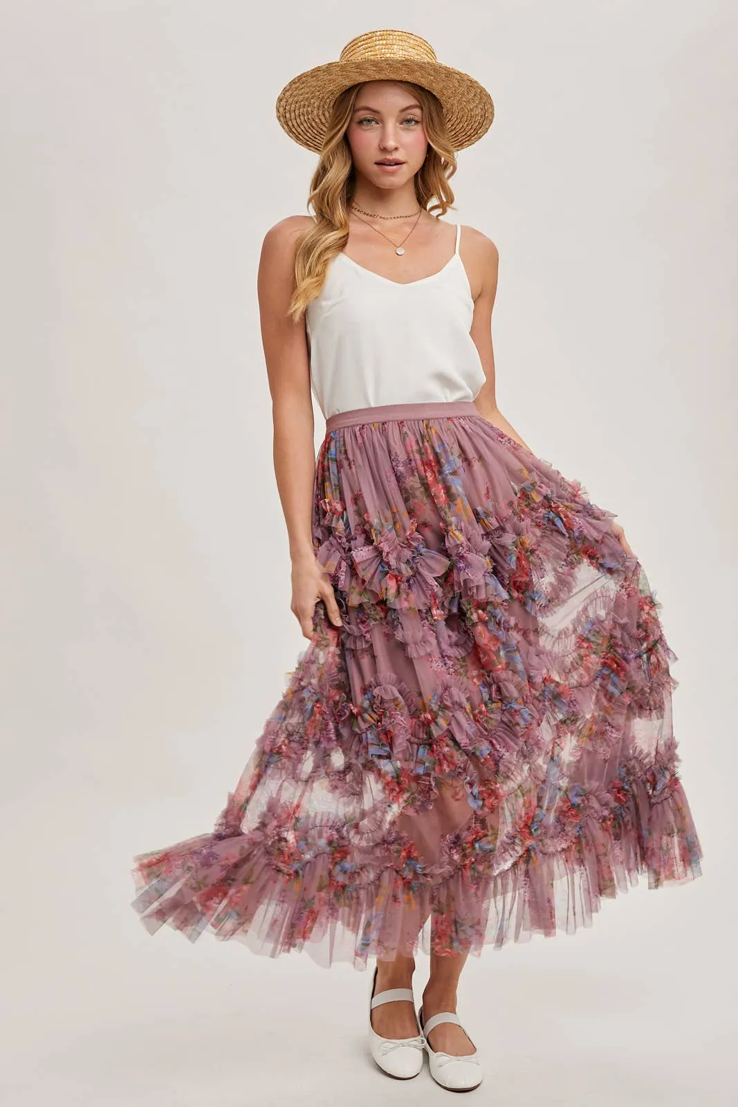 Floral Ruffled Mesh Midi Skirt