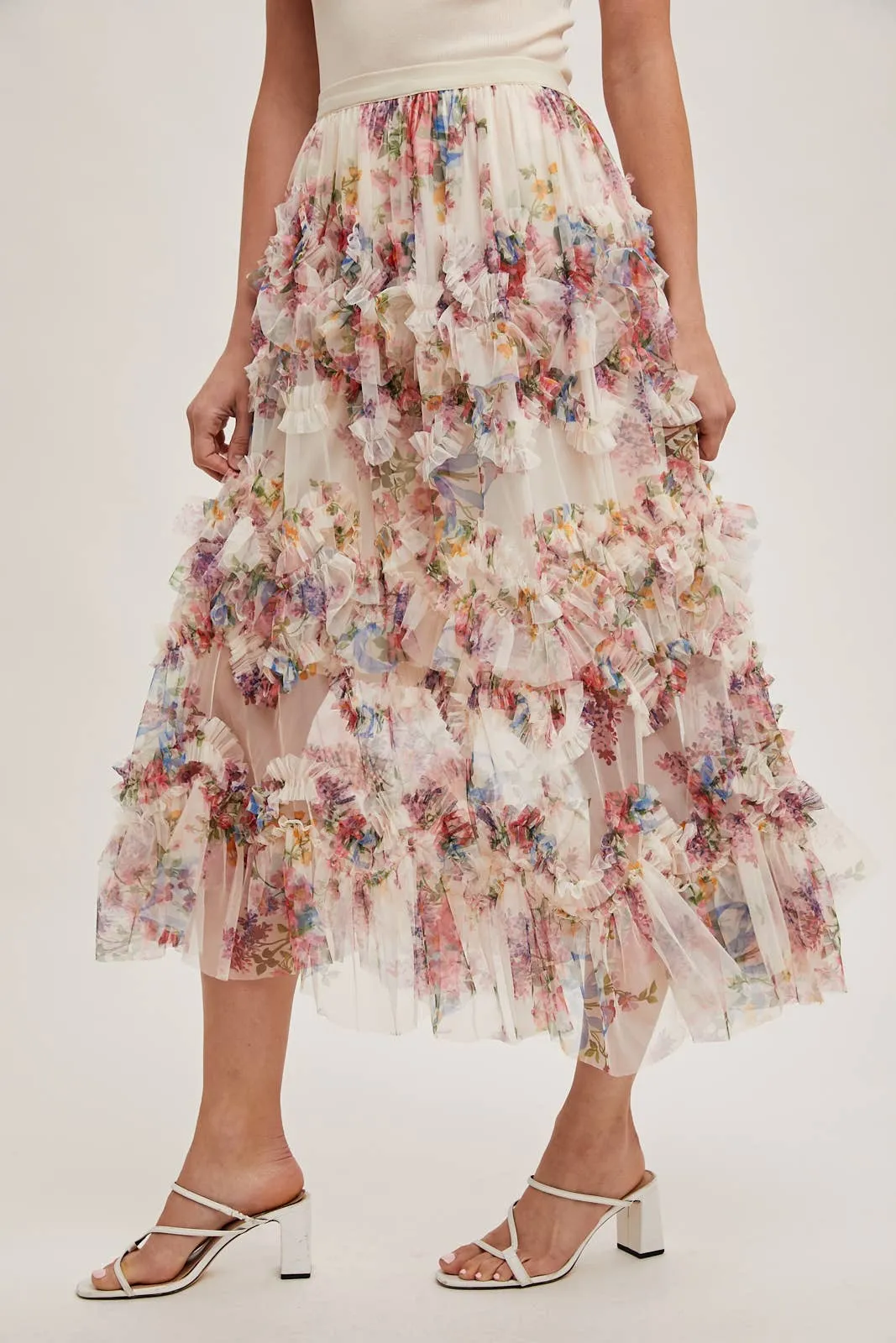 Floral Ruffled Mesh Midi Skirt