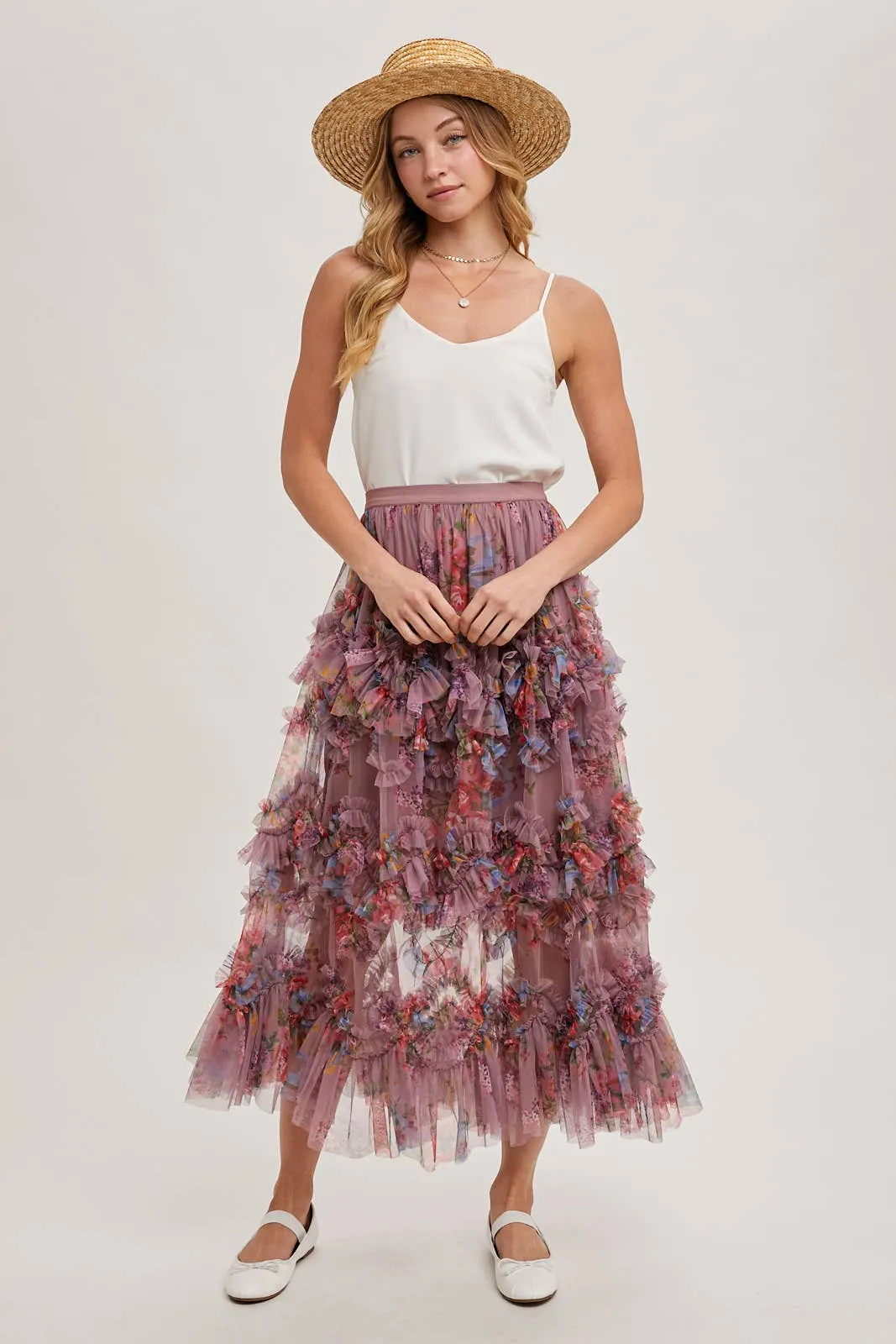 Floral Ruffled Mesh Midi Skirt