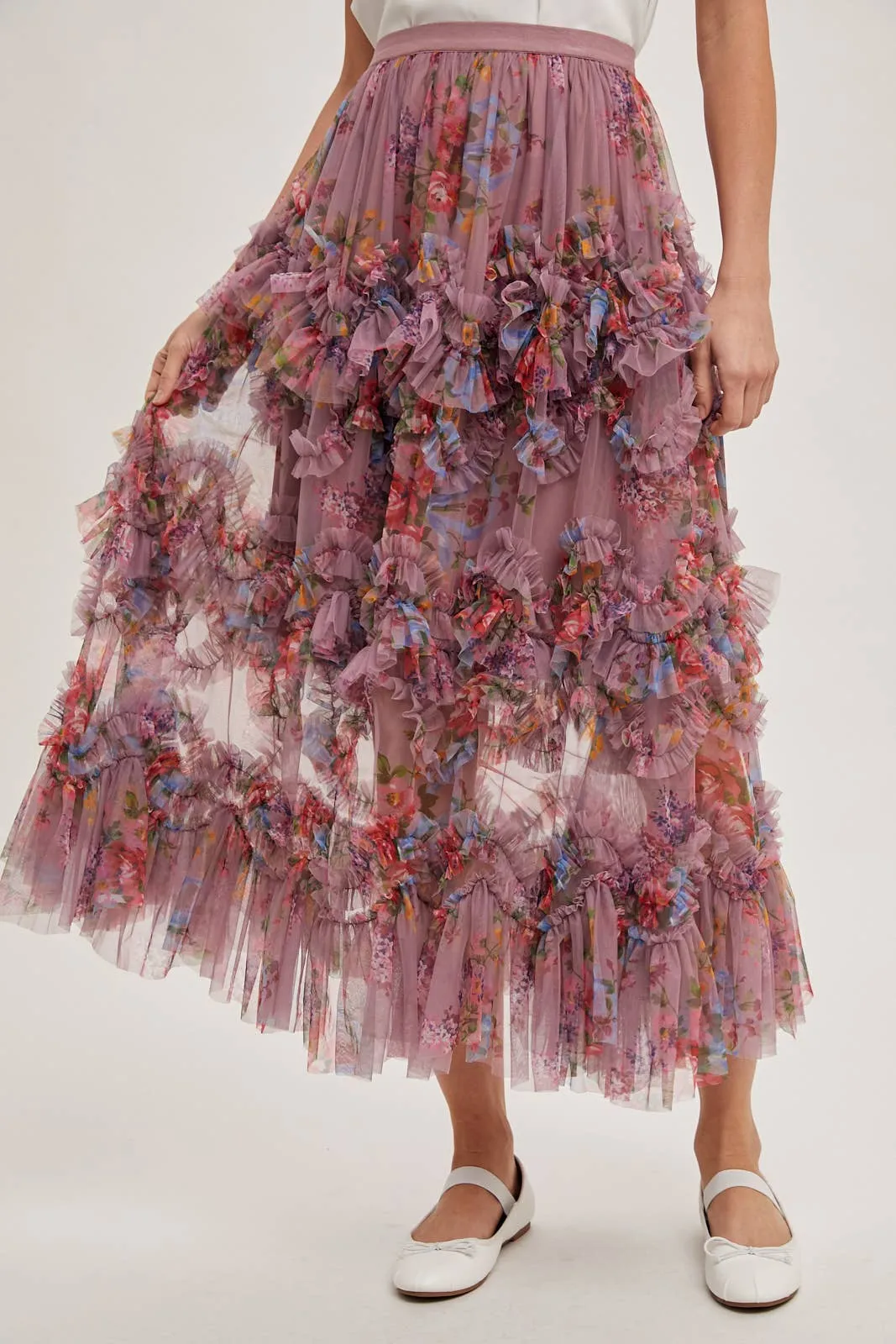 Floral Ruffled Mesh Midi Skirt