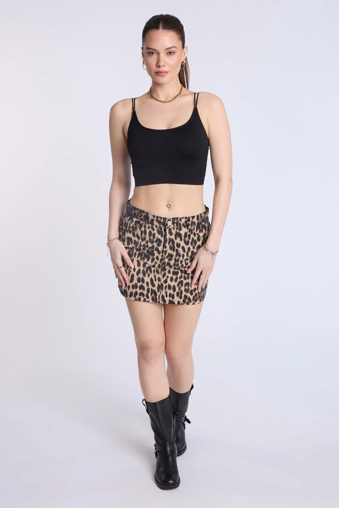 High Rise Leopard Denim Mini Skirt