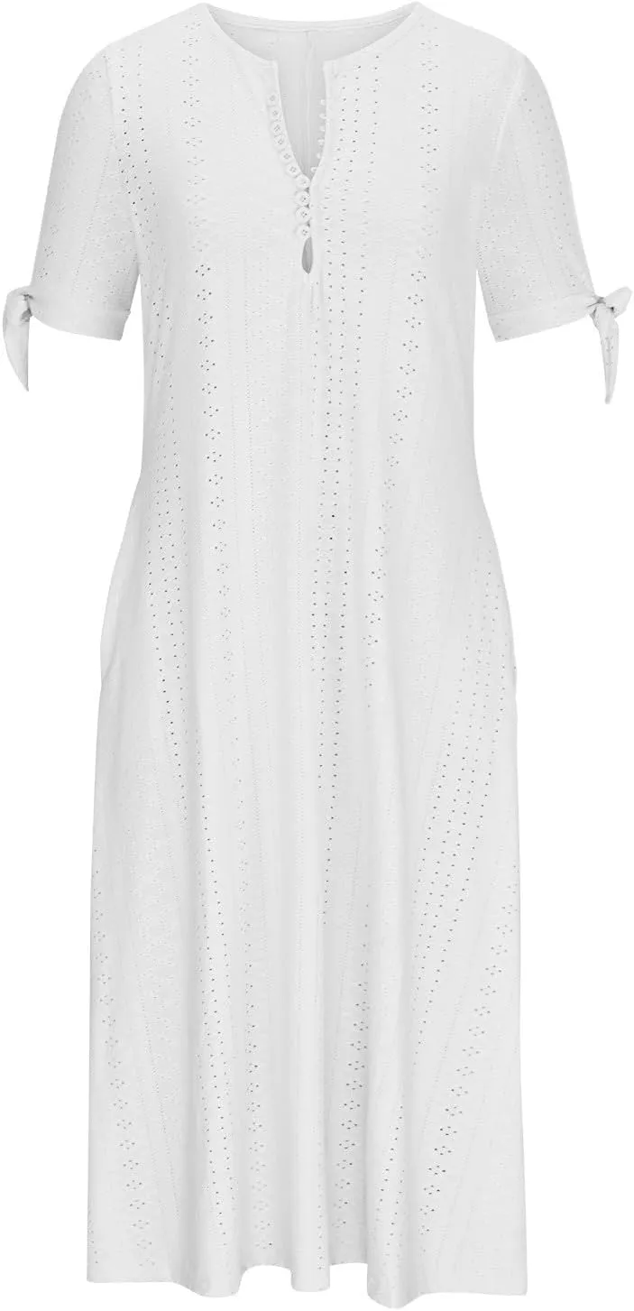 hlysgo Long Dresses for Women 2025 Trendy Short Sleeve Eyelet Tshirt Dress Casual Summer Beach Vacation Sundress with Pocket