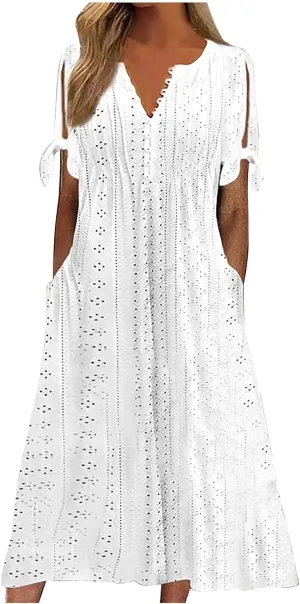 hlysgo Long Dresses for Women 2025 Trendy Short Sleeve Eyelet Tshirt Dress Casual Summer Beach Vacation Sundress with Pocket