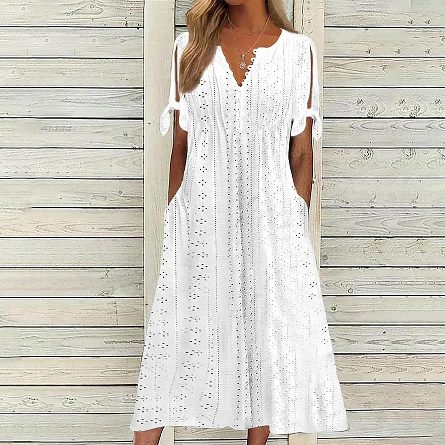 hlysgo Long Dresses for Women 2025 Trendy Short Sleeve Eyelet Tshirt Dress Casual Summer Beach Vacation Sundress with Pocket