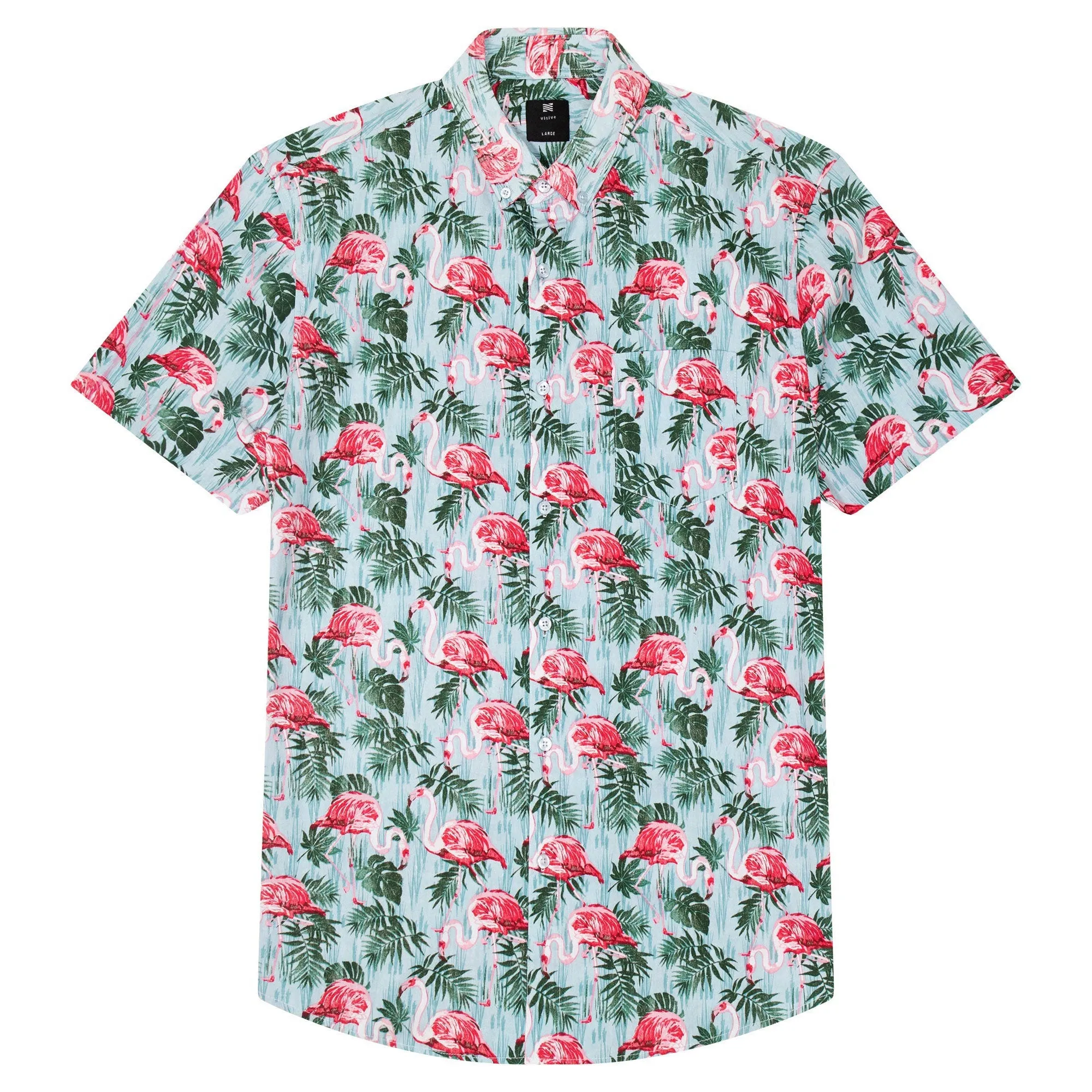 Mens Button Down Shirt - Reverse Pink Palm Flamingo