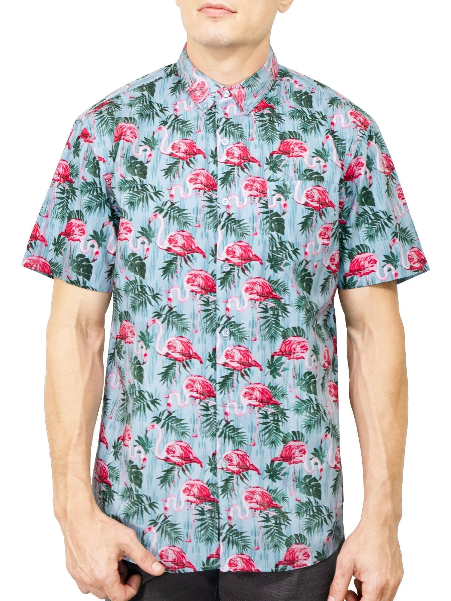 Mens Button Down Shirt - Reverse Pink Palm Flamingo