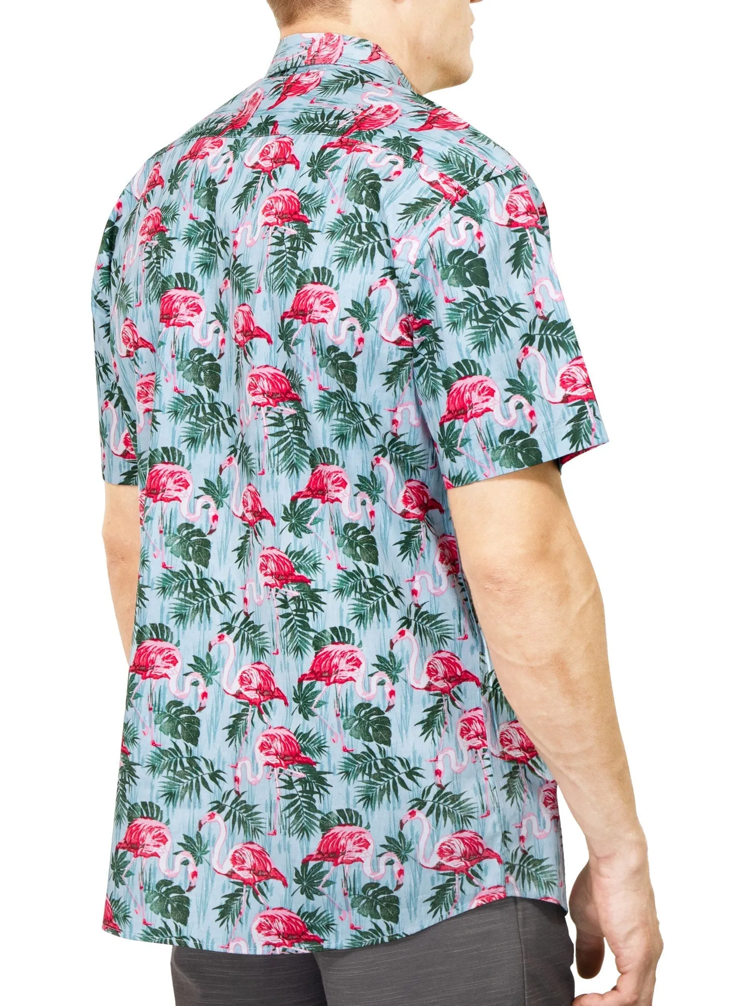 Mens Button Down Shirt - Reverse Pink Palm Flamingo