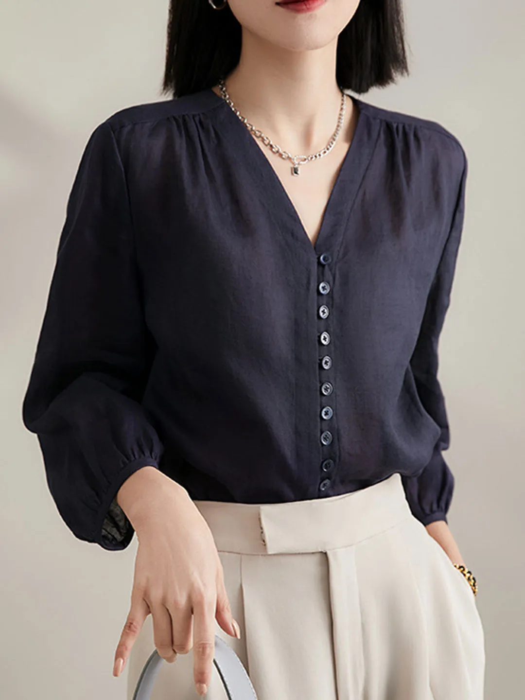 Molly Elegant Puff Sleeve Loose Shirt-Blue