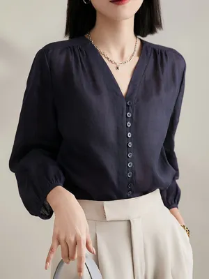 Molly Elegant Puff Sleeve Loose Shirt-Blue