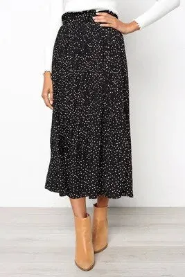 Polka Dot Elastic High Waist Pleated Midi Skirts
