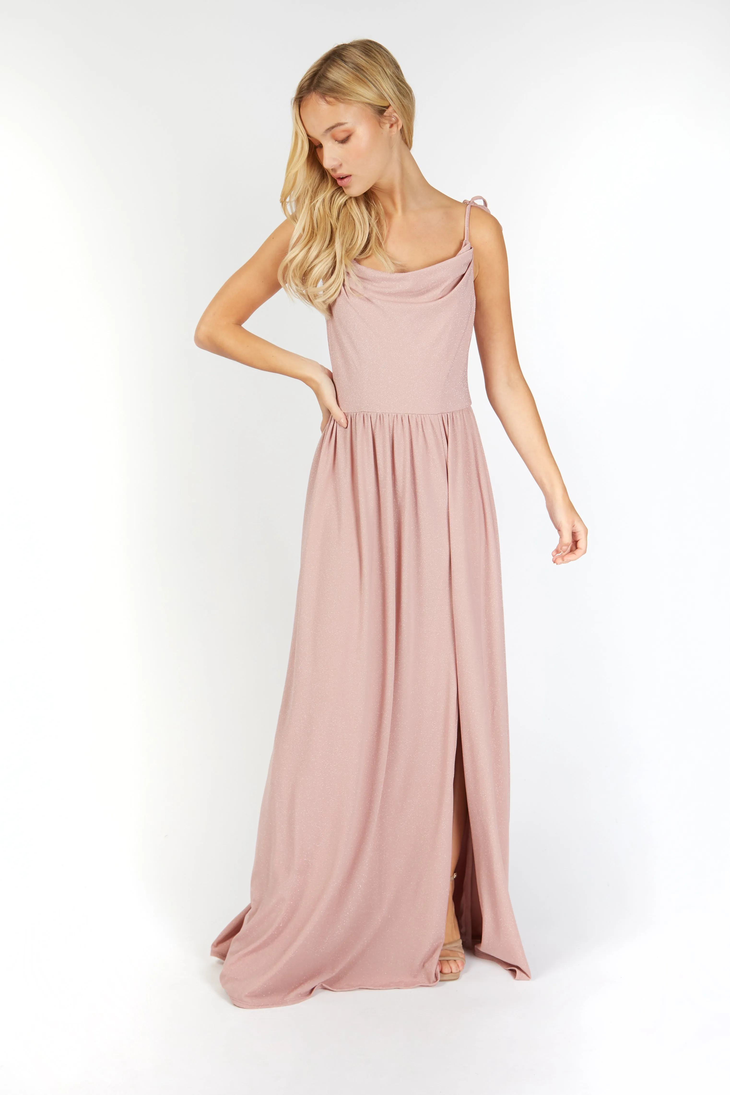 Ruth Pink Lurex Cowl Neck Maxi Dress
