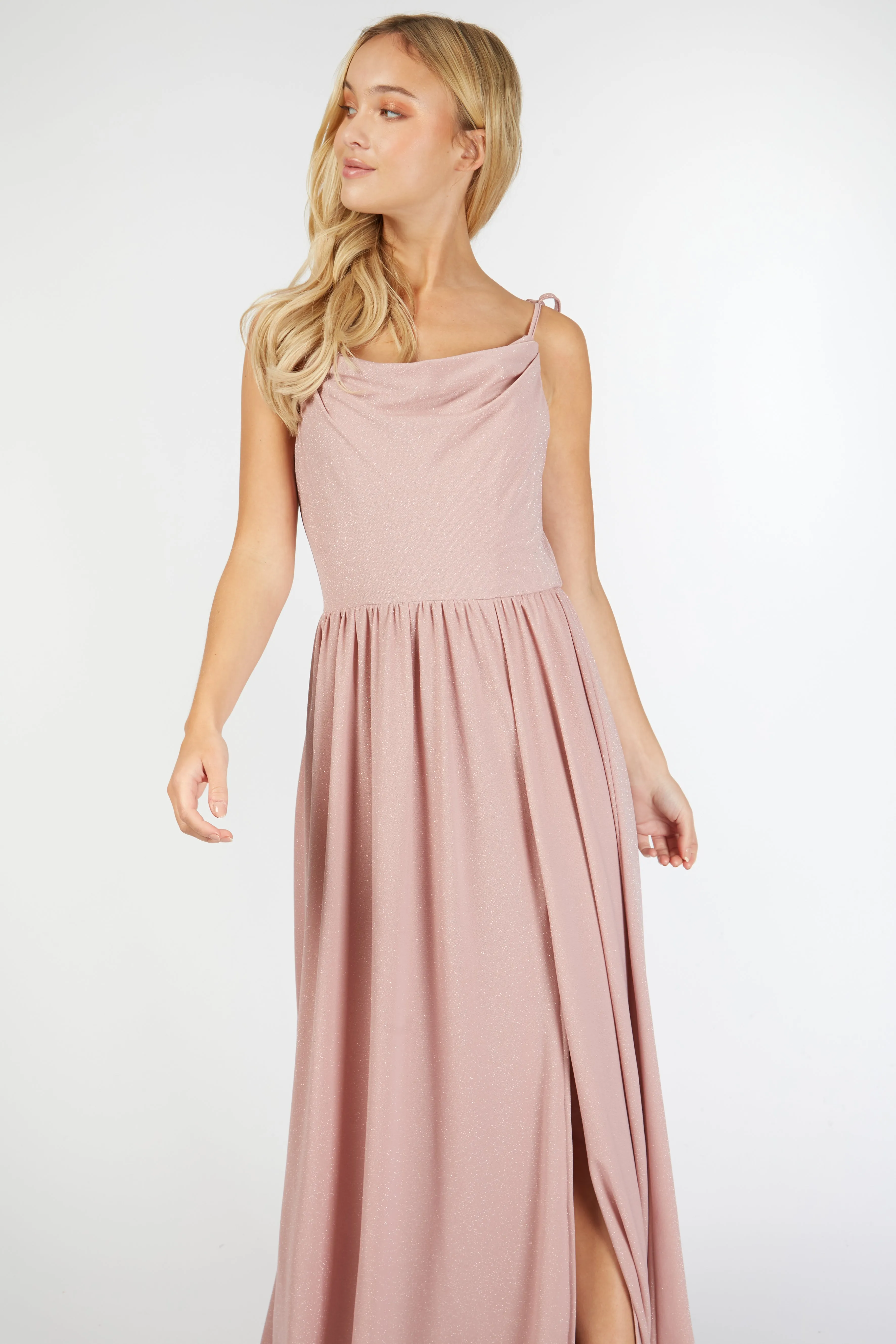 Ruth Pink Lurex Cowl Neck Maxi Dress