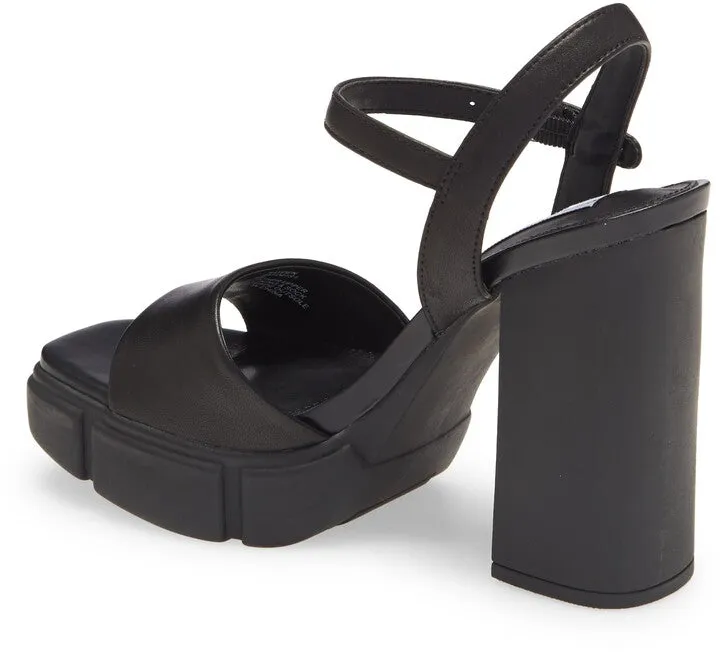 Steve Madden Rayden Black Leather Ankle Strap Squared Open Toe Platform Sandal